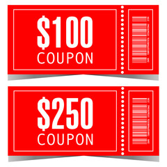 Purchase coupon, gift voucher or certificate for 100 and 250 dollars value on red background with tear-off part and barcode. Vector illustration for sale promotion and discount season advertising.