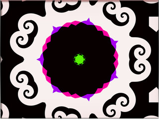 Abstract, Circular Coloured Pattern, and Black Shapes, set against White, within a Border