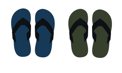 A set of drawings of slippers in blue - green colors on a black sole. Pattern of a pair of rubber-soled sandals. Sketch of summer open slippers, vector.