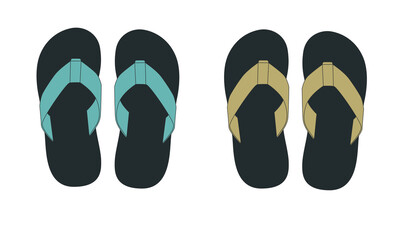 Vector set of drawings of flip flops. Pattern of a pair of sandals in yellow, turquoise colors on a black sole. Sketch of summer open slippers for summer holidays, vector.