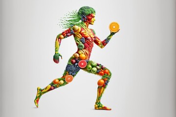 Human body practicing sports made with vegetables and fruits for nutritionist, GENERATIVE AI