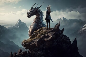 Girl standing on a mountain beside a dragon