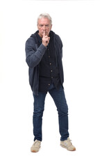 serious man showing silence sign on white background