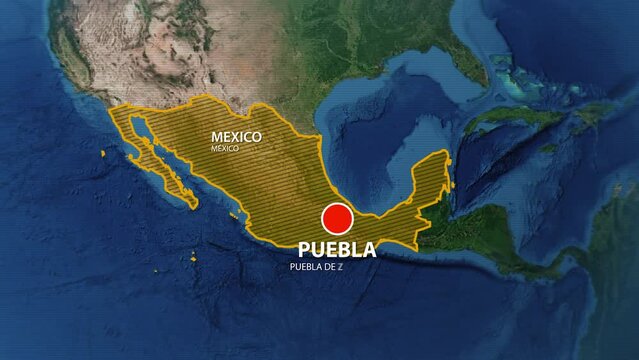 Designation of the borders of Mexico on the map and the mark of the location of the city of Puebla de Zaragoza