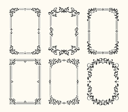 Luxury decorative black frames. Retro ornamental frame, vintage rectangle ornaments & ornate border. Decorative wedding frames, antique museum image borders. Isolated vector icons set