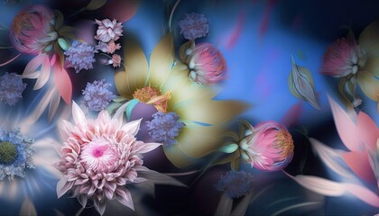 Naklejka na ściany i meble a bunch of flowers that are on a blue and pink wallpaper with white and pink flowers on the side of the wall and a blue background. generative ai