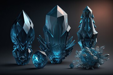 Set of crystals or diamonds on a black background, geological quartz. Generative ai