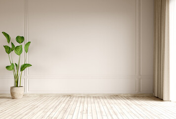 Fototapeta Empty room interior background, beige wall, pot with plant, wooden flooring 3d rendering obraz