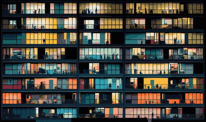 Apartment building in the evening. Abstract vector illustration - 580149382