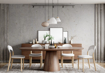 Interior of modern dining room, wooden table and chairs against concrete wall with sideboard, 3d rendering