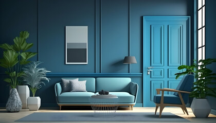 Modern cozy living room and blue wall texture background interior design generative ai