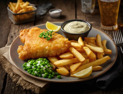 Crispy fried fish and thick - cut chips, all served with a side of tangy tartar sauce. Generative AI