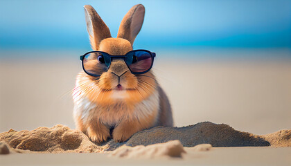 Highly defined macrophotography selfie of a cute young rabbit with sunglasses on top of the beach
