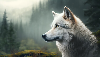 Beautiful Alaskan tundra wolf in close up, with a hazy forest in the distance generative ai