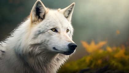 Naklejka premium Beautiful Alaskan tundra wolf in close up, with a hazy forest in the distance generative ai