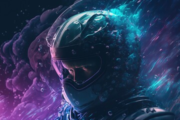 Obraz na płótnie Canvas a man wearing a helmet and a helmet on his head with a purple and blue background and bubbles in the air behind him, with a purple and blue hue. generative ai