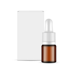 Small Amber Dropper Bottle Mockup With Paper Box, Isolated on White Background. Vector Illustration