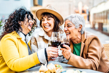 Three happy retired female drinking and toasting red wine glasses at bar restaurant - Group of...