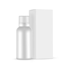 Plastic Bottle for Cough Syrup or Mixture, Packaging Box, Isolated on White Background. Vector Illustration