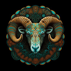 Colorful detailed ram mandala art on a black background. Created with Generative AI technology.