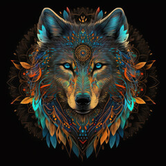 Colorful detailed wolf mandala art on a black background. Created with Generative AI technology.