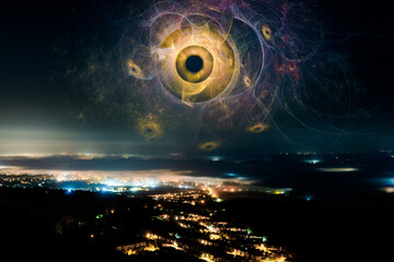A science fiction concept. A glowing alien eye monster. Floating in the sky above a city at night.