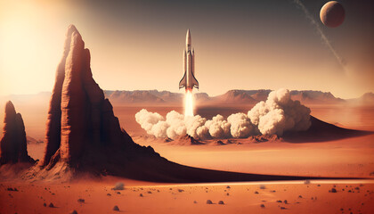 Rocket on a Mars realistic landscape generative ai