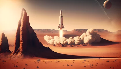 Vlies Fototapete Backstein Rocket on a Mars realistic landscape generative ai