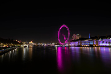 London Eye, Observation Wheel at night off of the Thames River, London, UK, Europe