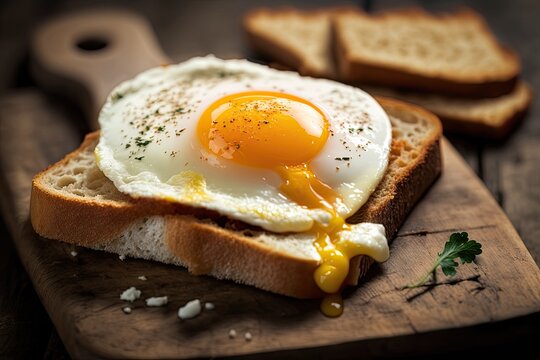 Savory and Healthy Breakfast: Fried Egg on Toasted Bread kept on Wooden Table, Closeup Shot. Generative AI