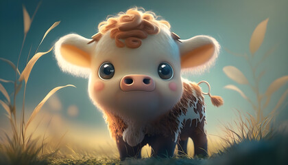 A cute adorable baby cattle rendered in the style of children-friendly cartoon animation fantasy style generative ai