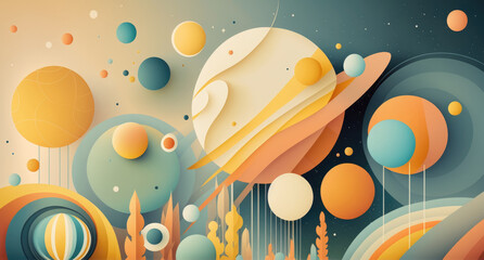 Obraz premium Colorful illustration of univers, circle abstract space background, planets flat, Ai