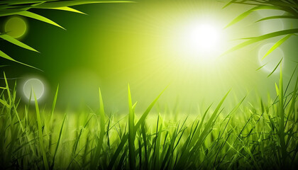 Fototapeta premium Green Grass Background With a Visible Sun. Created with Generative AI.