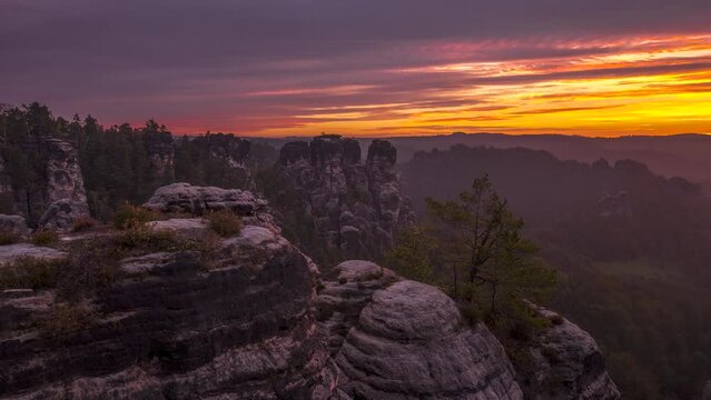 Sunrise Timelapse of Saxon Switzerland near Bastei Bridge, Germany.
