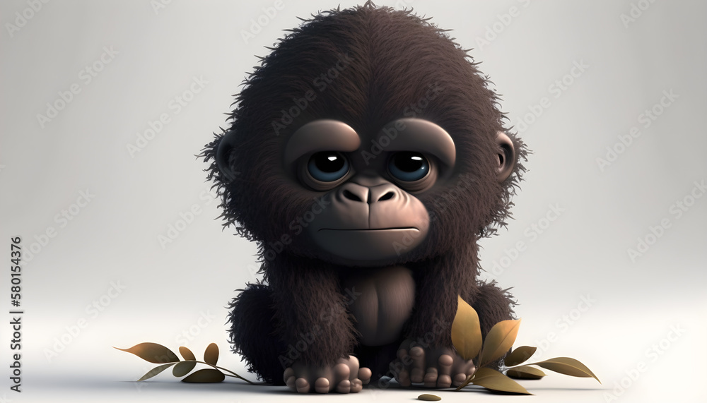 Wall mural A cute adorable baby gorilla rendered in the style of children-friendly cartoon animation fantasy style generative ai