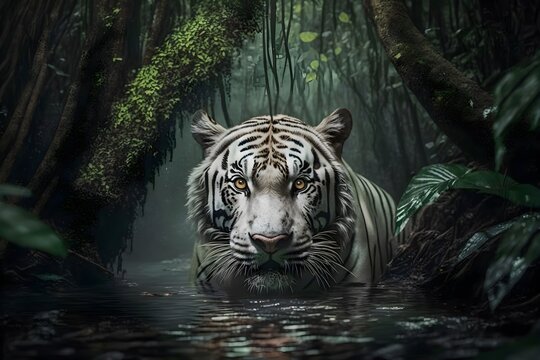 White Tiger swimming in the jungle | Ai Generated animal illustrations/backgrounds/wallpapers |