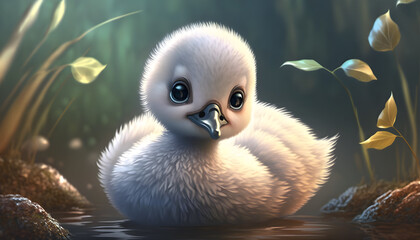 A cute adorable baby swan rendered in the style of children-friendly cartoon animation fantasy style generative ai