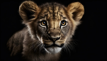 Plakat Portrait of a baby tiger on a black background generative ai