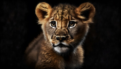 Obraz na płótnie Canvas Portrait of a baby tiger on a black background generative ai