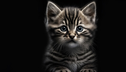 Fototapeta premium Portrait of a baby cat on a black background generative ai
