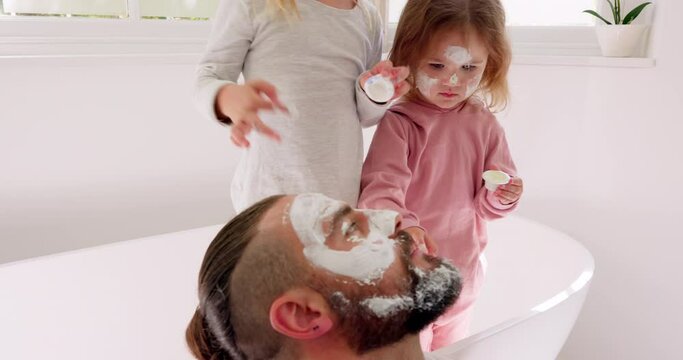Family, cleaning and father and girl face mask skincare, wellness and grooming in bathroom together. Happy family, facial and beauty product by kids and parent bonding, having fun and relax in home