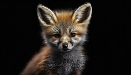 Fototapeta premium Portrait of a baby fox on a black background generative ai