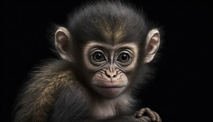 Portrait of a baby monkey on a black background generative ai