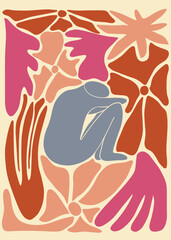 Naturalist Wall Art. Flower posters with human silhouette. Botanical illustrations in minimalist colors and simple style. Floral templates. 