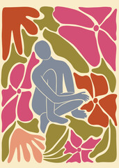 Naturalist Wall Art. Flower posters with human silhouette. Botanical illustrations in minimalist colors and simple style. Floral templates. 