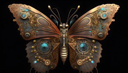 Steampunk style butterfly Isolated in black 3D render generative ai
