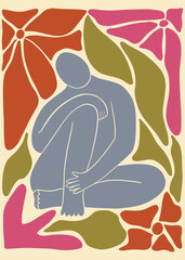 Naturalist Wall Art. Flower posters with human silhouette. Botanical illustrations in minimalist colors and simple style. Floral templates. 