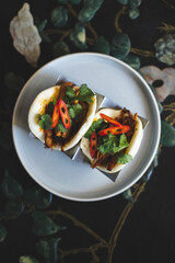 Appetizing tacos on an iron stand on a light background. street food