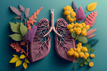 Human lungs covered in greenery, leaves and flowers. Abstract illustration. Health, Respiratory system health concept. Breathing.
 - obrazy, fototapety, plakaty