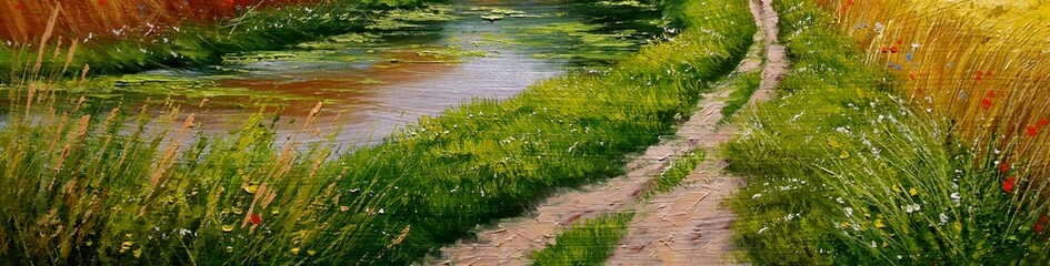 Oil paintings rural landscape with windmill and river, ukrainian windmill in the village, artwork, fine art